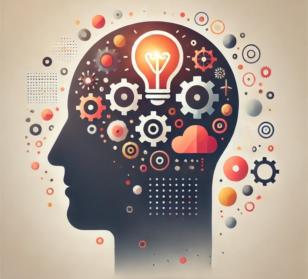 Silhouette of a head filled with gears, abstract shapes, and a glowing lightbulb